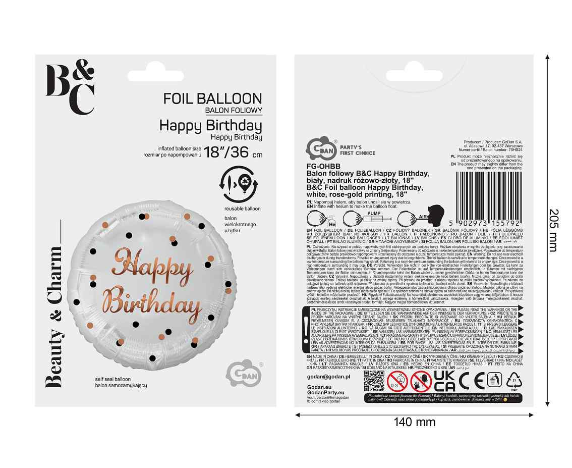 Foil balloon B&C Happy Birthday, white, rose-gold printing, 18"